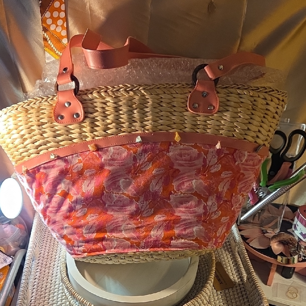 Floral Pink and Tan Beach  Women's Bag